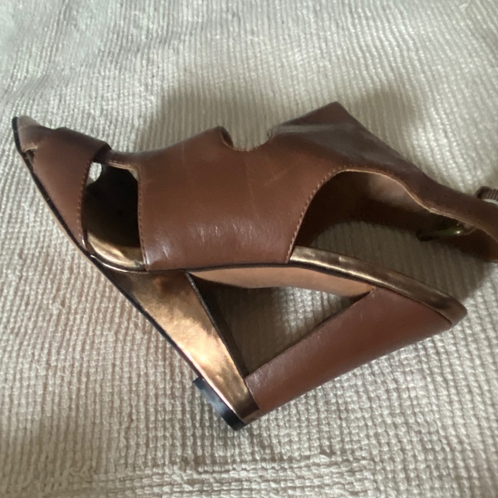 Brown gold leather wedge sandals